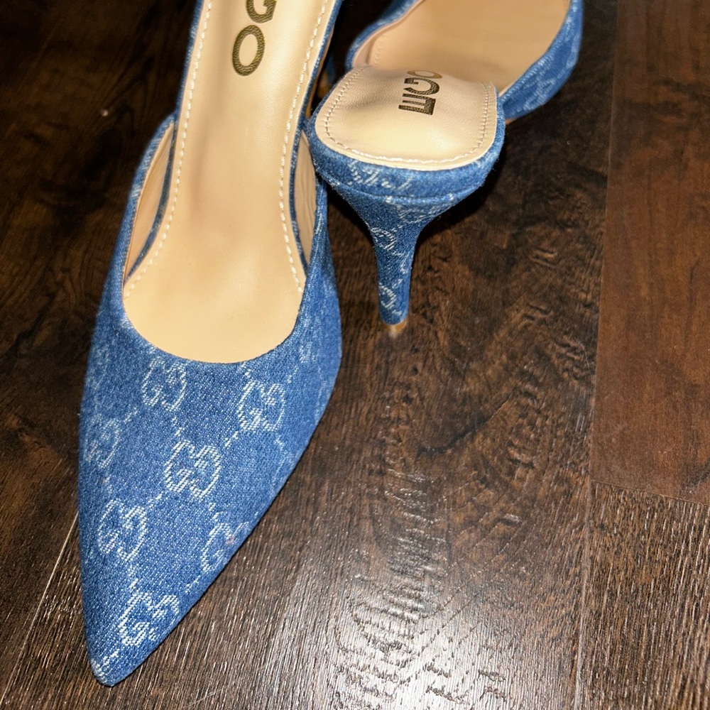 EGO Blue Denim Pointed Toe High Heel Mules - Picture 4 of 7